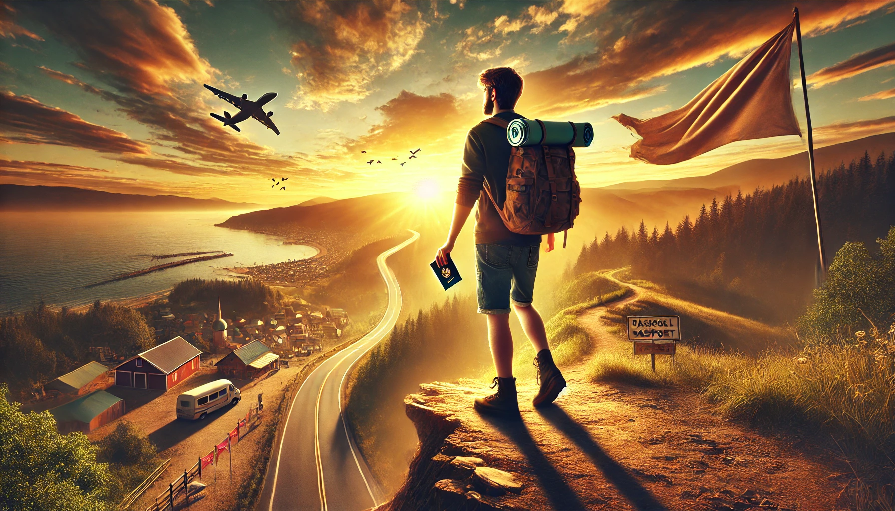 Young traveler on a cliff at sunset with a backpack, passport, and winding road ahead, symbolizing spontaneous travel and the freedom of unplanned adventures.