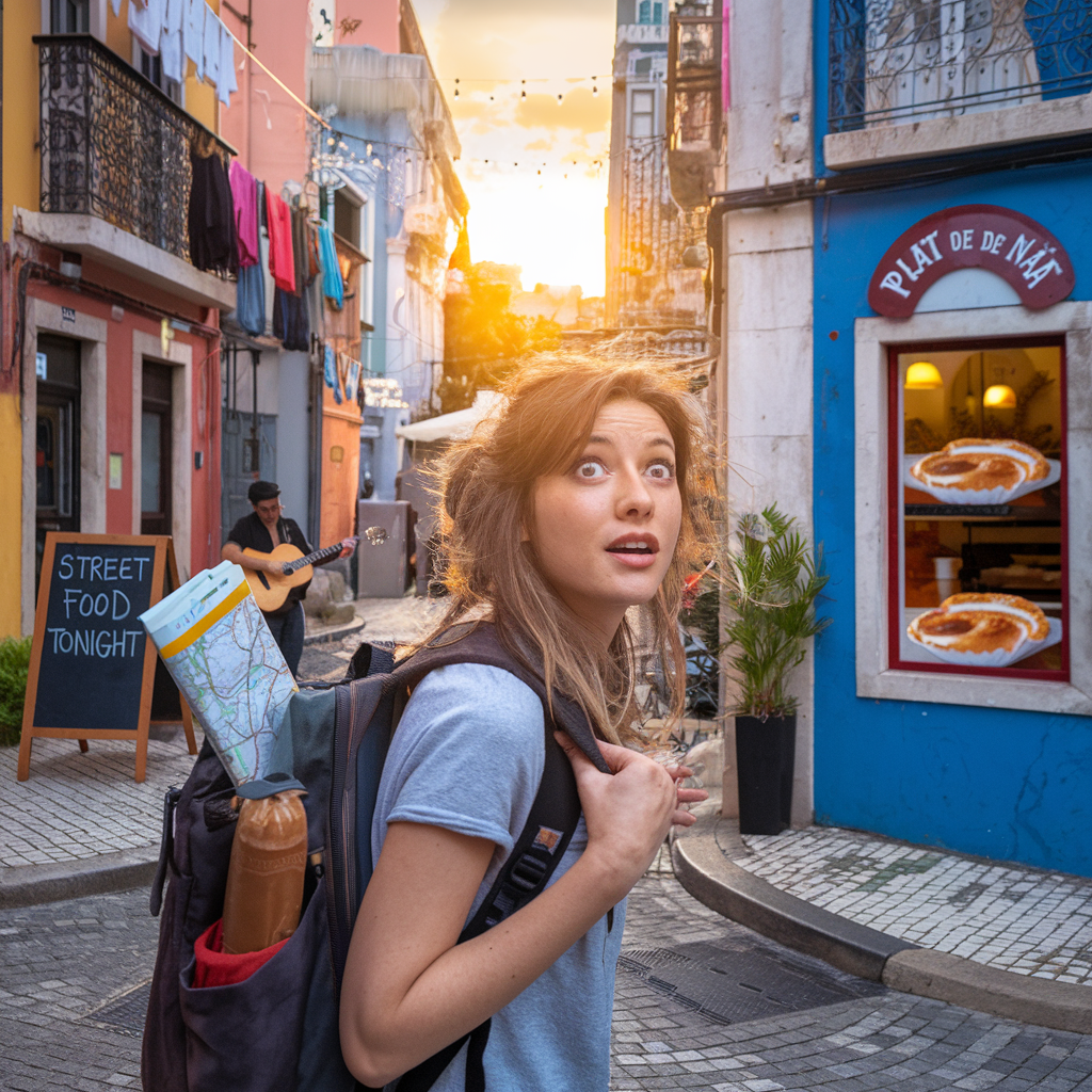 Young female traveler with a backpack exploring a cobblestone street in Lisbon at sunset, surrounded by colorful buildings, local street food signs, and live music.