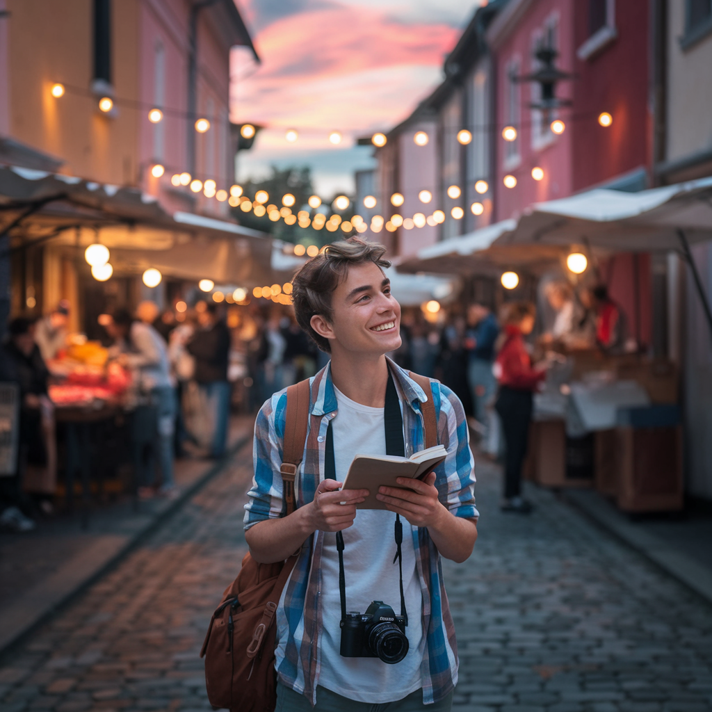 Young solo traveler exploring a colorful European village at golden hour, standing by a cobblestone street with a camera and notebook, near a vibrant local market.