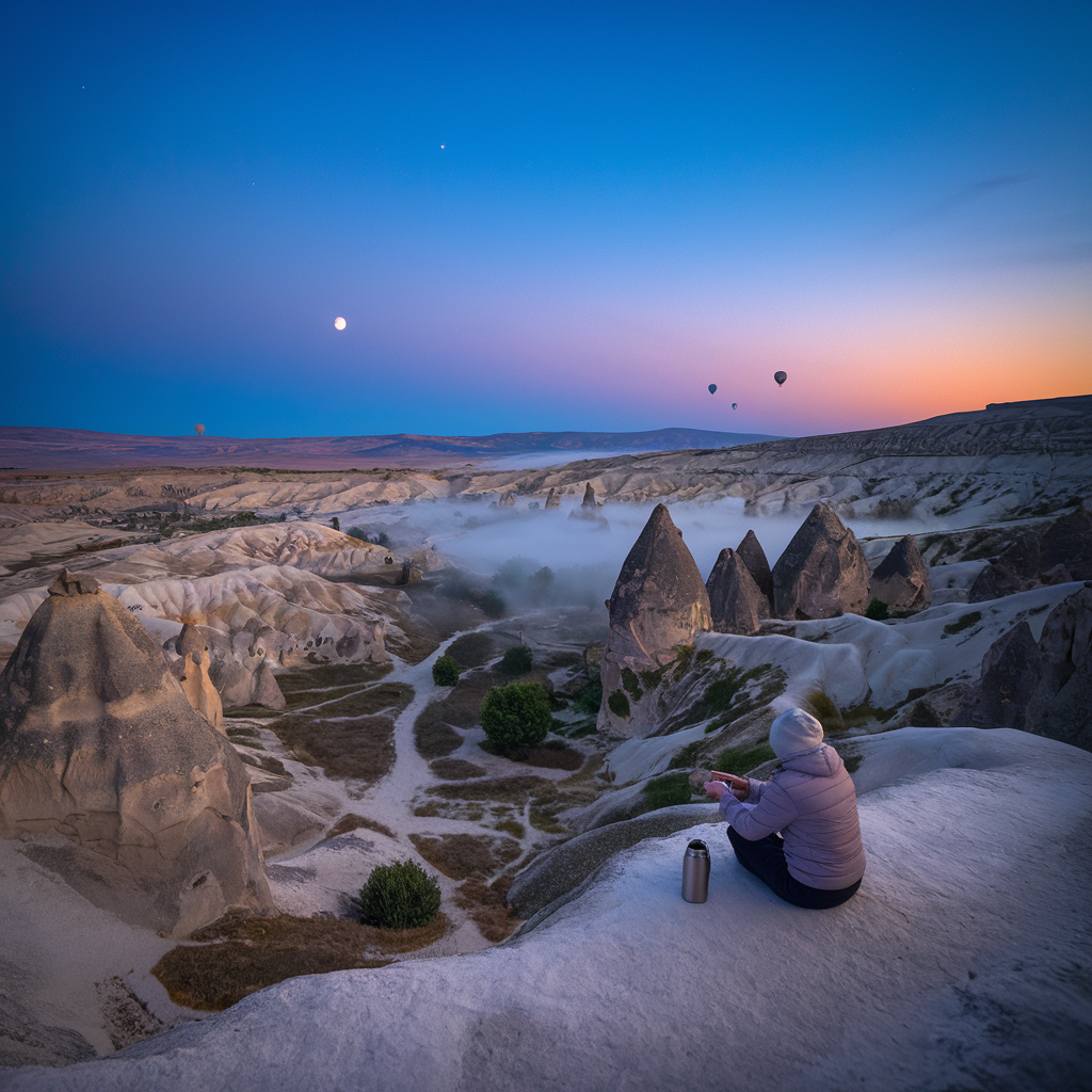 Pre-dawn landscape of Cappadocia, Turkey at 5AM featuring fairy chimneys, mist-covered Rose Valley, and a solo traveler watching the blue hour sky in silence.