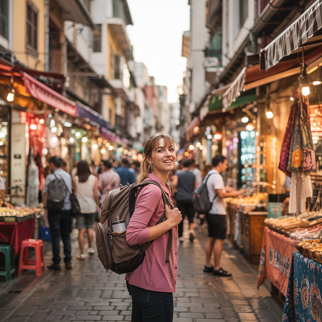 Solo traveler exploring a vibrant local street market during golden hour, surrounded by fairy lights, food stalls, and spontaneous cultural experiences.